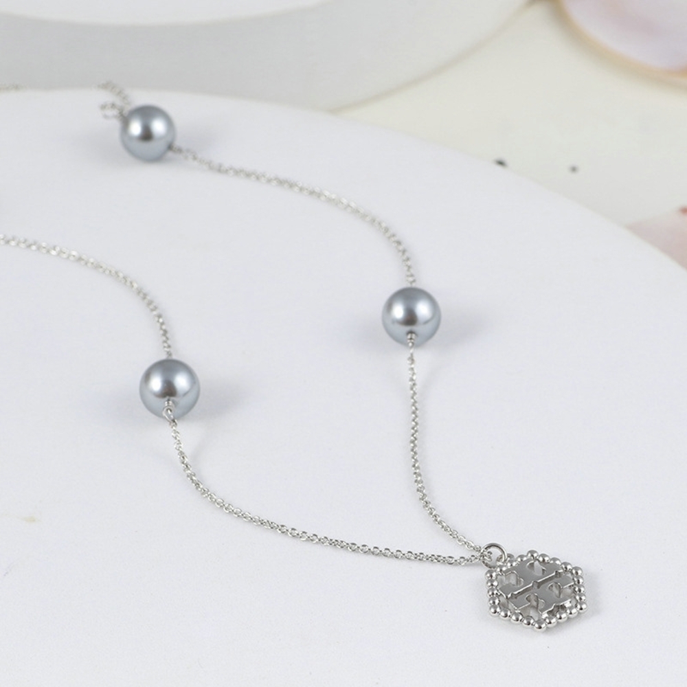 Tory Burch Silver Necklace with Gray Pearls
